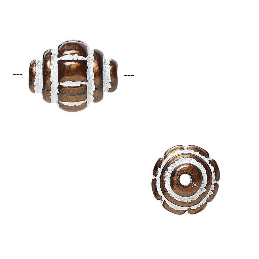 Vintage 80s Bronze White 15x12mm Carved Oval Art Deco Acrylic Beads 10 pcs